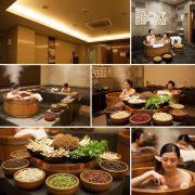 A serene image of a traditional Korean spa interior with warm lighting, showcasing various people enjoying herbal baths and treatments amidst steam and natural materials.