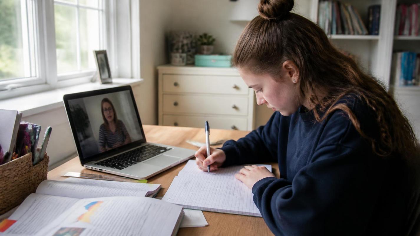 Student studies confidently online with personalized guidance in a bright home setting.